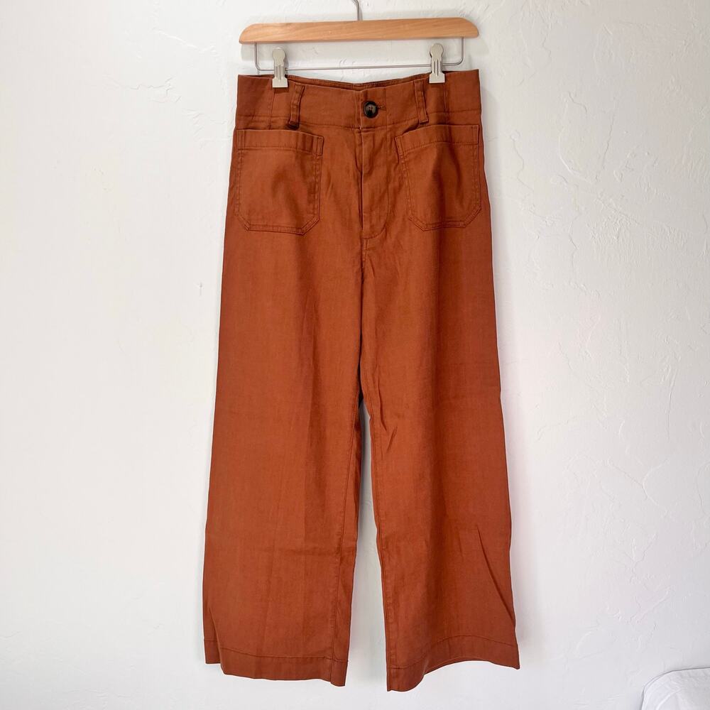 Anthropologie Maeve Colette Wide Leg Pants Size 28 Brown Orange Cropped Linen